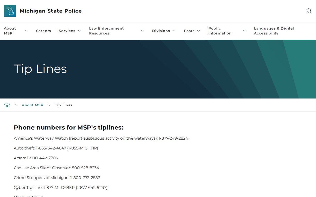 Michigan State Police tip-line guidance for Cheboygan County wanted information